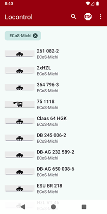 Screenshot der Lokliste mit Icon und Name der Loks.